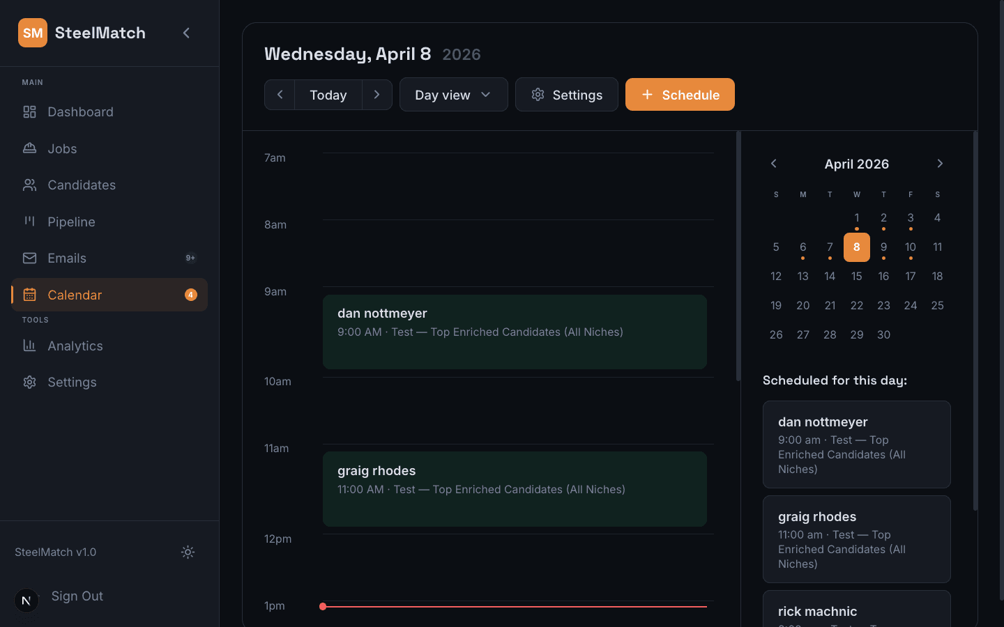SteelMatch calendar view with scheduled interviews