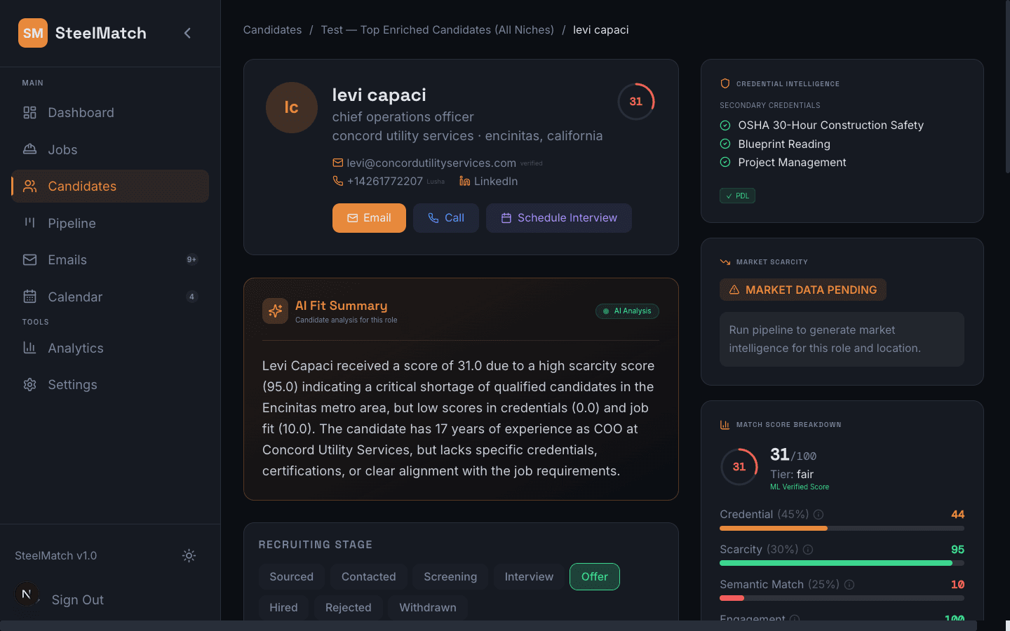 SteelMatch candidate intelligence panel with match score breakdown and AI fit summary